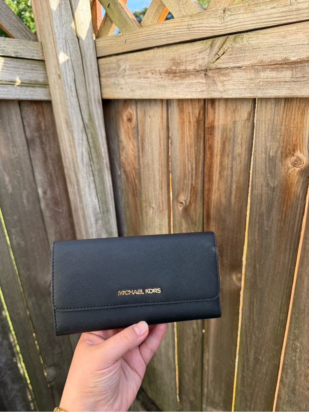 Michael Kors Black Saffiano Trifold Wallet with Gold Logo